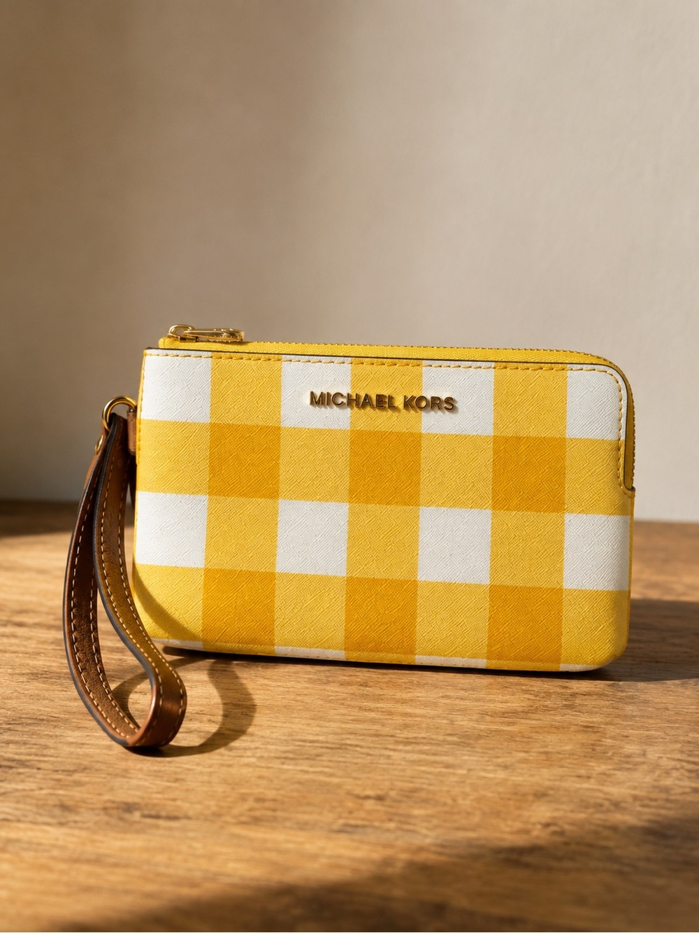 Michael Kors Yellow and White Gingham Double Zip Wristlet with Brown Strap